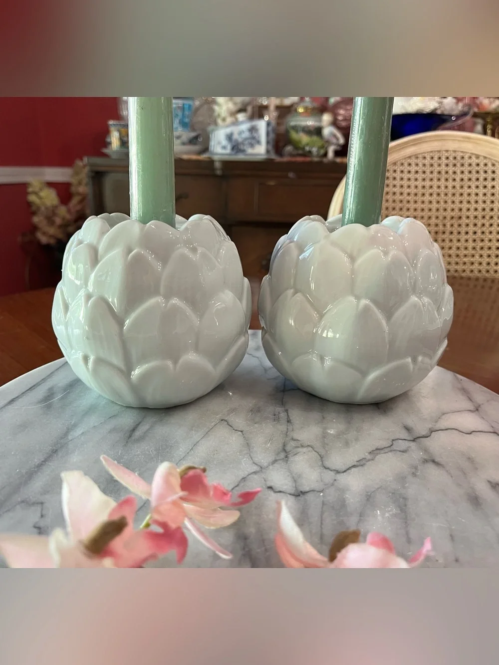 Pair Celadon Green Ceramic Artichoke Taper Candle Holders & Candles -VTG Style